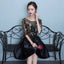 Black Floral Lace Short Sleeves Homeocming Dress, Back Prom Dress Wedding Prom Dresses