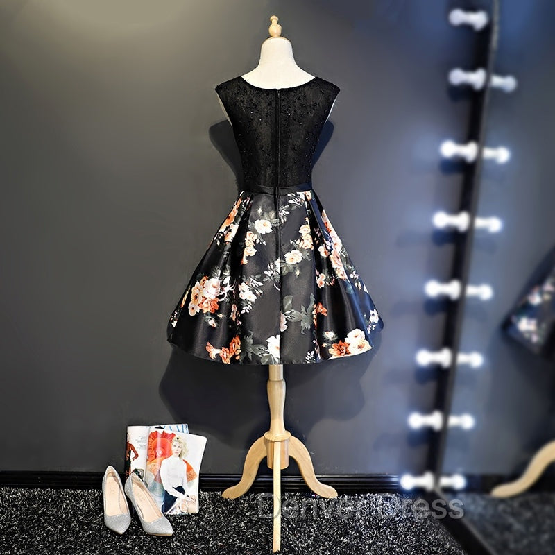 Black Floral Satin and Lace Round Neckline Short Party Dresses Prom Dresses, Black Homecoming Dresses Secondary image
