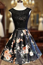Black Floral Satin and Lace Round Neckline Short Party Dresses Prom Dresses, Black Homecoming Dresses