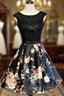 Black Floral Satin and Lace Round Neckline Short Party Dresses Prom Dresses, Black Homecoming Dresses