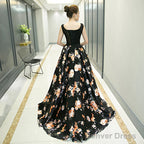 Black Floral Satin Long And Lace A-Line Prom Dress Party Dress, Black Evening Dress
