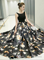 Black Floral Satin Long And Lace A-Line Prom Dress Party Dress, Black Evening Dress