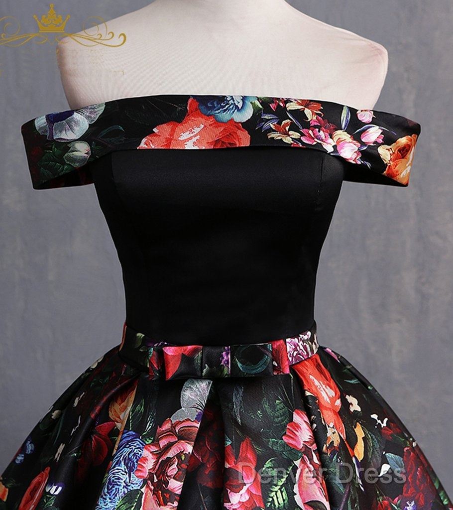 Black Floral Satin Off Shoulder Strapless Long Formal Prom Dresses, Evening Dresses Secondary image