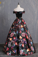 Black Floral Satin Off Shoulder Strapless Long Formal Prom Dresses, Evening Dresses