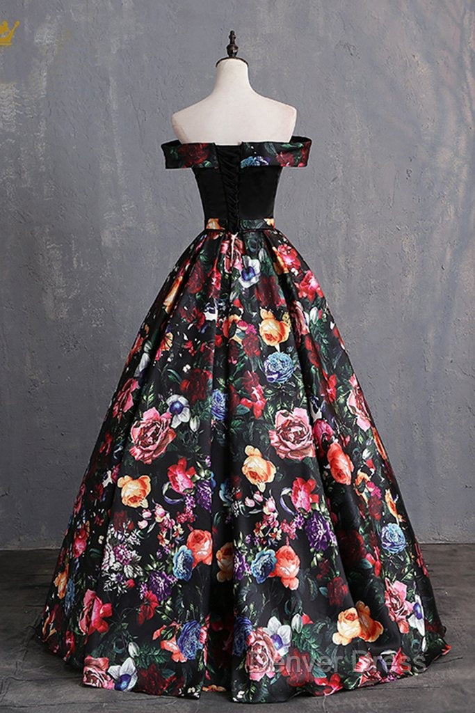 Black Floral Satin Off Shoulder Strapless Long Formal Prom Dresses, Evening Dresses