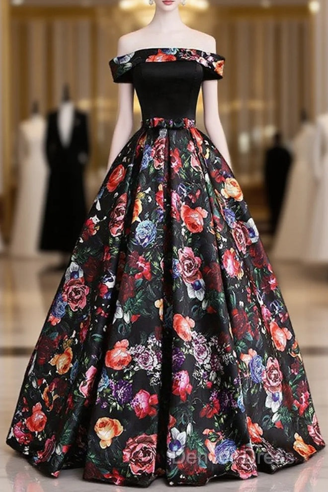 Black Floral Satin Off Shoulder Strapless Long Formal Prom Dresses, Evening Dresses Main image