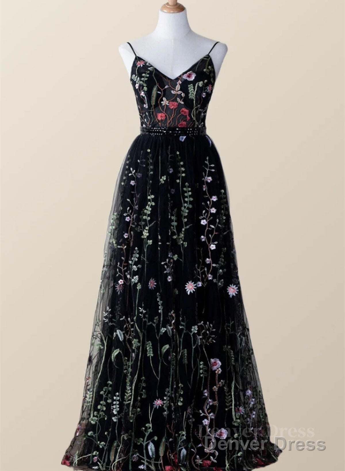 Black Floral Tulle A-Line V-Neckline Long Prom Dress, Black Evening Dress Party Dress Main image