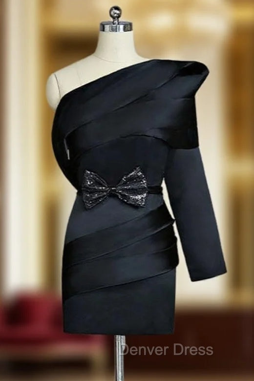 Black Prom Celebrity Dresses Sheath One Shoulder Long Sleeves