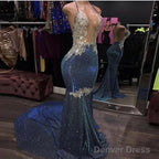 Black Girl Prom Dress Cheap Sparkle Blue Sexy Prom Dresses | Mermaid Silver Aplliques Long Evening Gowns