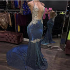 Black Girl Prom Dress Cheap Sparkle Blue Sexy Prom Dresses | Mermaid Silver Aplliques Long Prom Gown