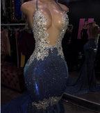 Black Girl Prom Dress Cheap Sparkle Blue Sexy Prom Dresses | Mermaid Silver Aplliques Long Prom Gown