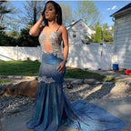 Black Girl Prom Dress Cheap Sparkle Blue Sexy Prom Dresses | Mermaid Silver Aplliques Long Prom Gown