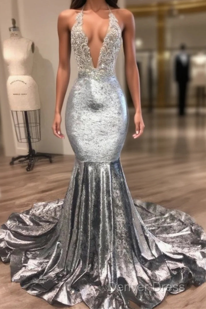 Black Girl Prom Dresses Open Back Silver Velvet Prom Dresses Cheap | Mermaid Sexy V-Neck Crystals Appliques Formal Evening Gowns Mq0131 Main image