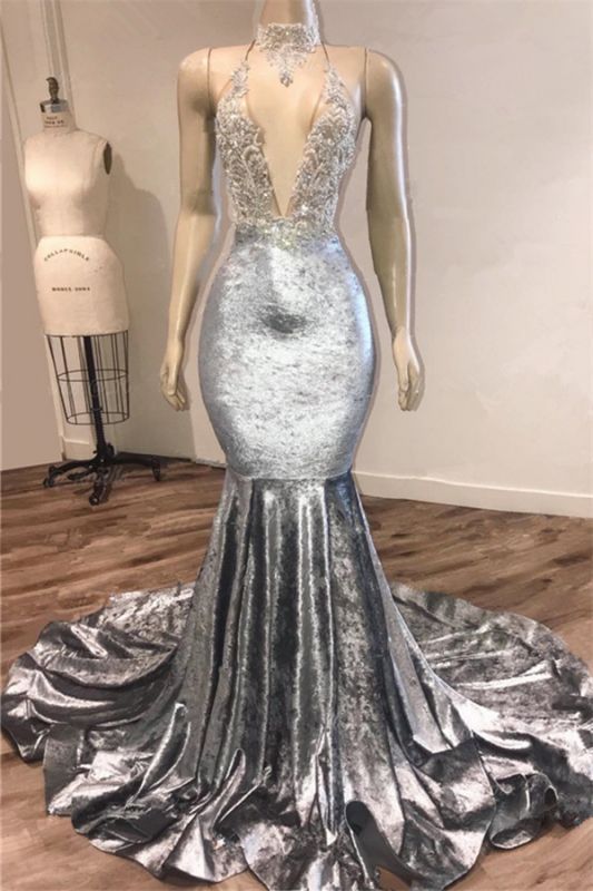 Black Girl Prom Dress Open Back Silver Velvet Prom Dresses Cheap | Mermaid Sexy V-Neck Crystals Appliques Prom Gown Main image
