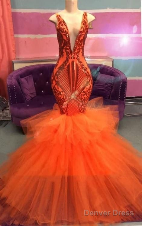 Black Girl Prom Dress Orange Mermaid Lace Appliques Prom Dresses Tulle Ruffles Sexy V-Neck Cheap Evening Gowns