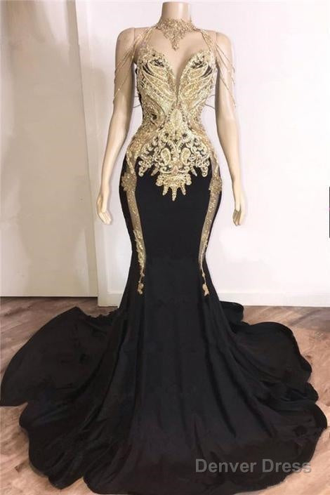 Black Girl Prom Dresses Gold Crystals Appliques Black Prom Dresses Cheap | Sleeveless Mermaid Sexy Evening Gowns Main image