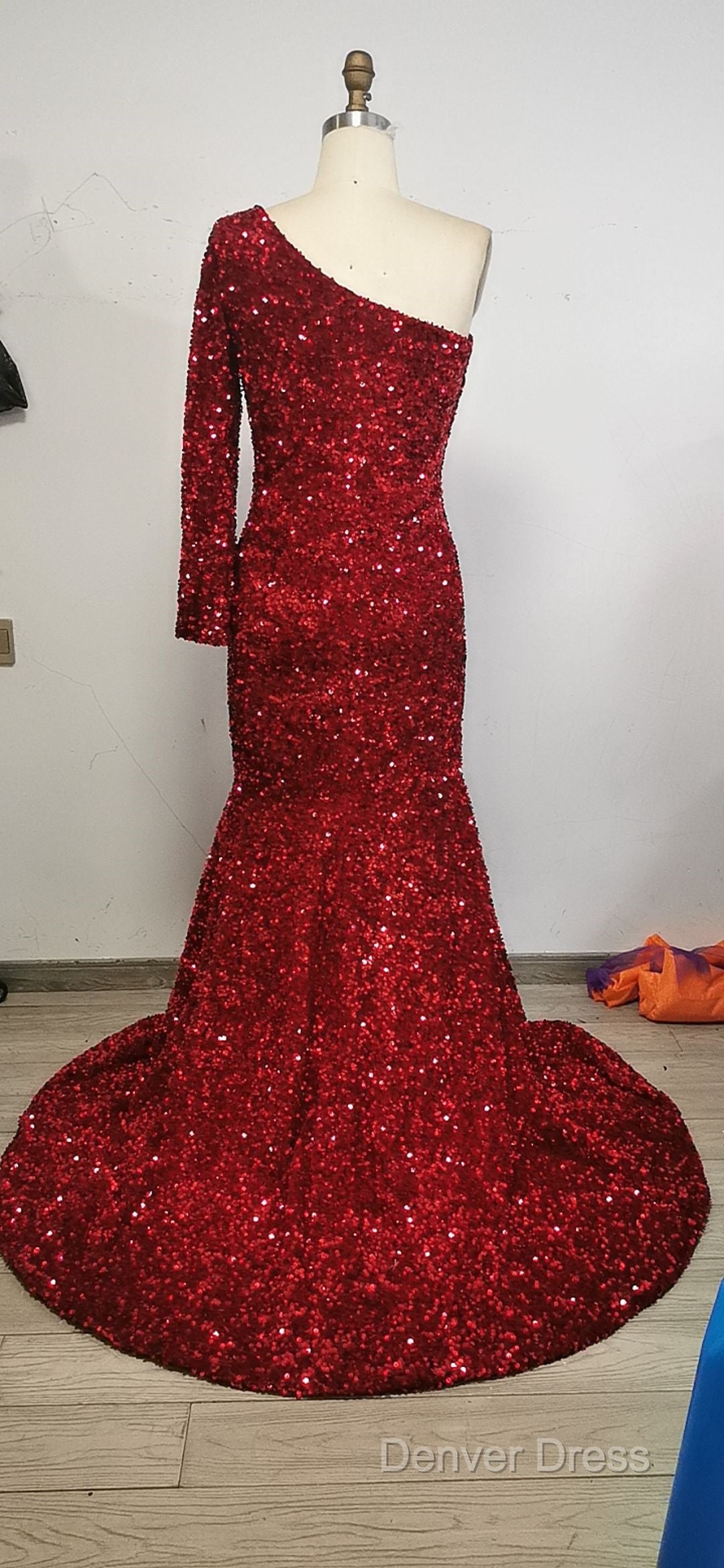 Black Girl Prom Dresses One Shoulder Mermaid Red Prom Dresses | Cheap Sequins Evening Gowns Secondary image