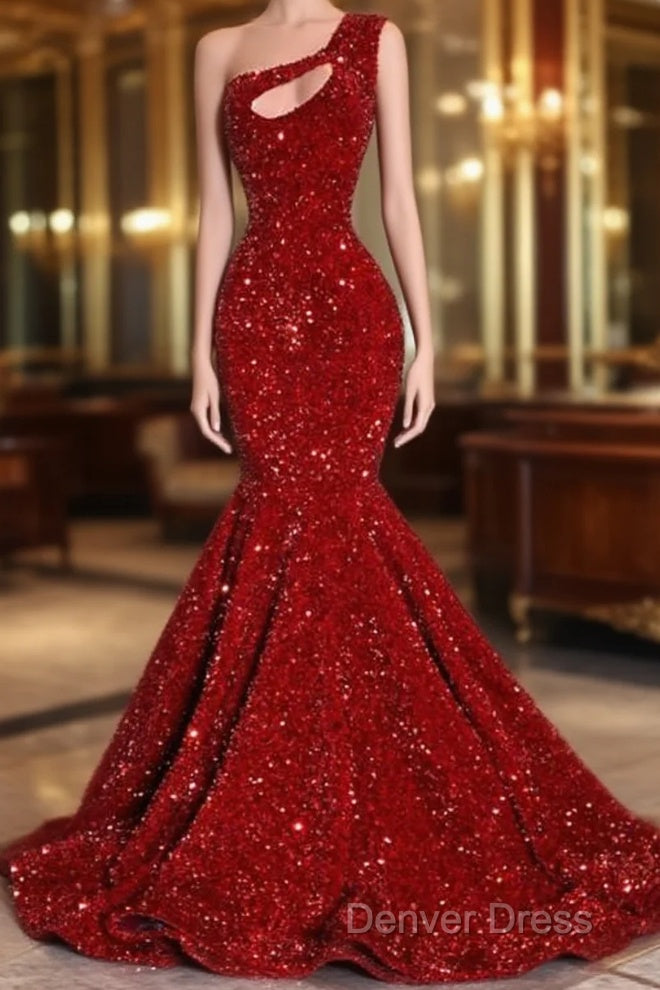 Black Girl Prom Dresses One Shoulder Mermaid Red Prom Dresses | Cheap Sequins Evening Gowns Main image