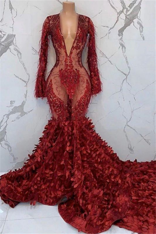 Black Girl Prom Dress Sexy Deep V-Neck Appliques Prom Dresses | Feather Long Sleeve Mermaid Prom Gown