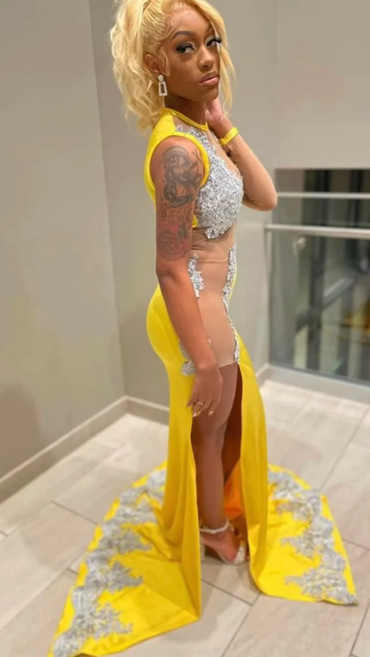 Black Girl Yellow Lace Prom Dress,Silver Lace Prom Dress, Sexy Prom Dresses