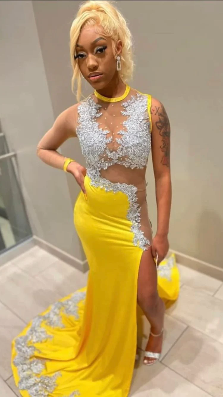 Black Girl Yellow Lace Prom Dress,Silver Lace Prom Dress, Sexy Prom Dresses