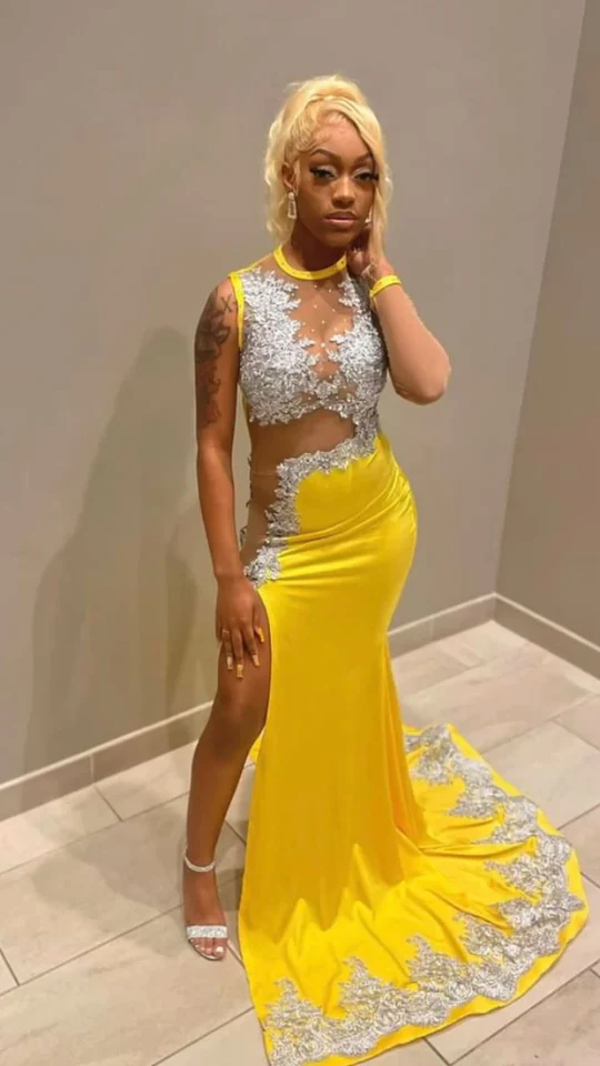 Black Girl Yellow Lace Prom Dress,Silver Lace Prom Dress, Sexy Prom Dresses Main image