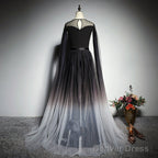 Black Gradient Round Neckline Tulle Long Prom Dress, Black Prom Gowns Prom Dresses