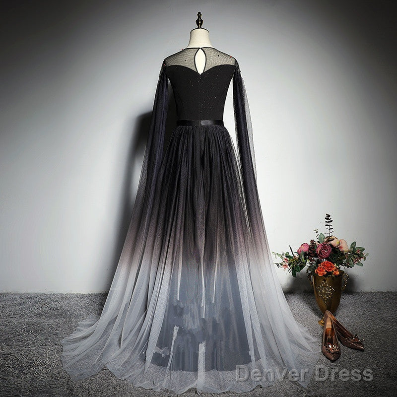 Black Gradient Round Neckline Tulle Long Prom Dress, Black Prom Gowns Prom Dresses