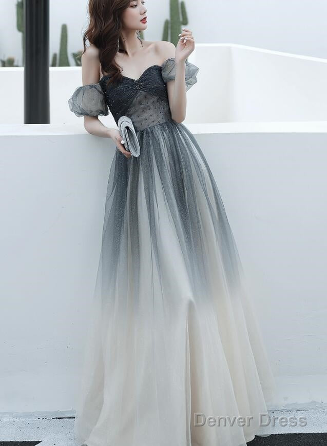 Black Gradient Sweetheart Beaded Off Shoulder Prom Dresses, A-Line Tulle Evening Dress Party Dresses Main image