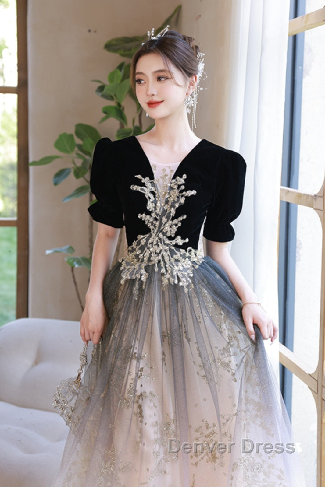 Black Gradient Tulle And Velvet Short Sleeves Party Dresses, A-Line Tulle Long Formal Dresses Secondary image