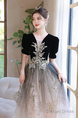 Black Gradient Tulle And Velvet Short Sleeves Party Dress, A-Line Tulle Long Formal Dress