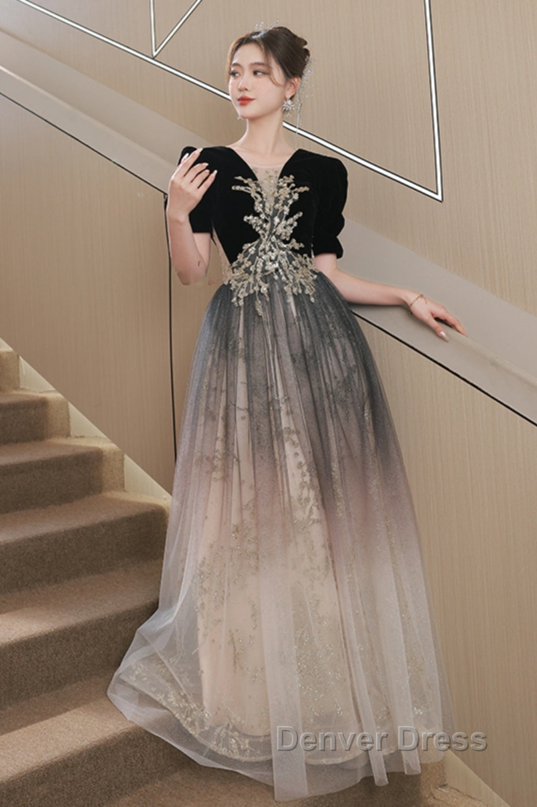 Black Gradient Tulle And Velvet Short Sleeves Prom Dress, A-Line Tulle Long Prom Dresses