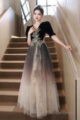 Black Gradient Tulle And Velvet Short Sleeves Party Dress, A-Line Tulle Long Formal Dress