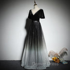 Black Gradient tulle and Velvet Short Sleeves V Neckline Tulle Prom Dress, Black Tulle Prom Dresses
