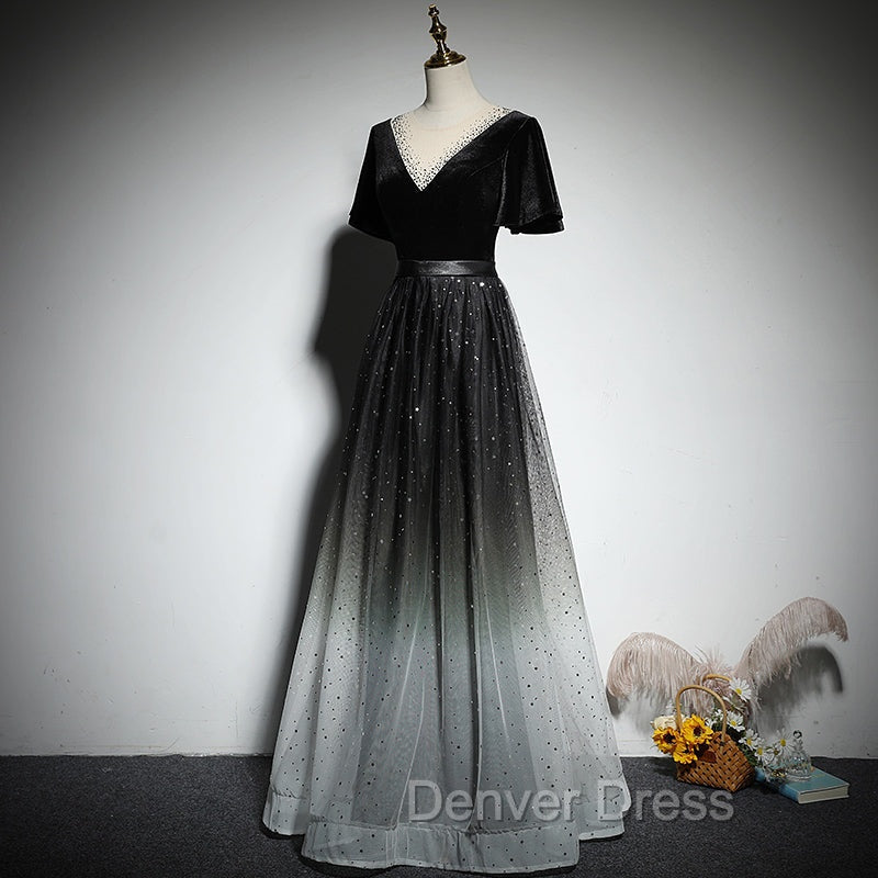 Black Gradient tulle and Velvet Short Sleeves V Neckline Tulle Prom Dress, Black Tulle Prom Dresses