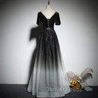 Black Gradient tulle and Velvet Short Sleeves V Neckline Tulle Prom Dress, Black Tulle Prom Dresses