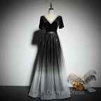 Black Gradient tulle and Velvet Short Sleeves V Neckline Tulle Prom Dress, Black Tulle Prom Dresses
