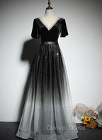 Black Gradient tulle and Velvet Short Sleeves V Neckline Tulle Prom Dress, Black Tulle Prom Dresses