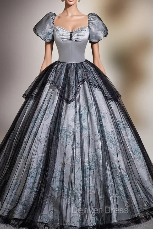 Black Gray Tulle Puff Sleeve Beading Quinceanera Dresses Main image