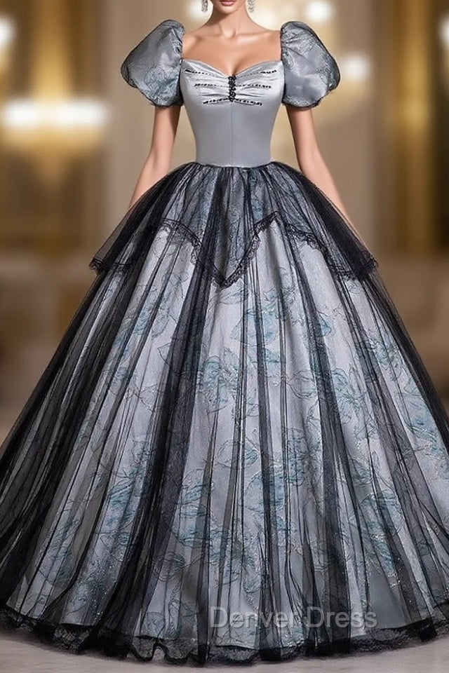 Black Gray Tulle Short Sleeve Quinceanera Dresses Main image