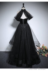 Black Haler Tulle And Velvet Long Prom Dress, Black A-Line Tulle Evening Dress