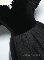 Black Haler Tulle And Velvet Long Prom Dresses, Black A-Line Tulle Evening Dresses