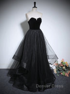 Black Haler Tulle And Velvet Long Prom Dresses, Black A-Line Tulle Evening Dresses