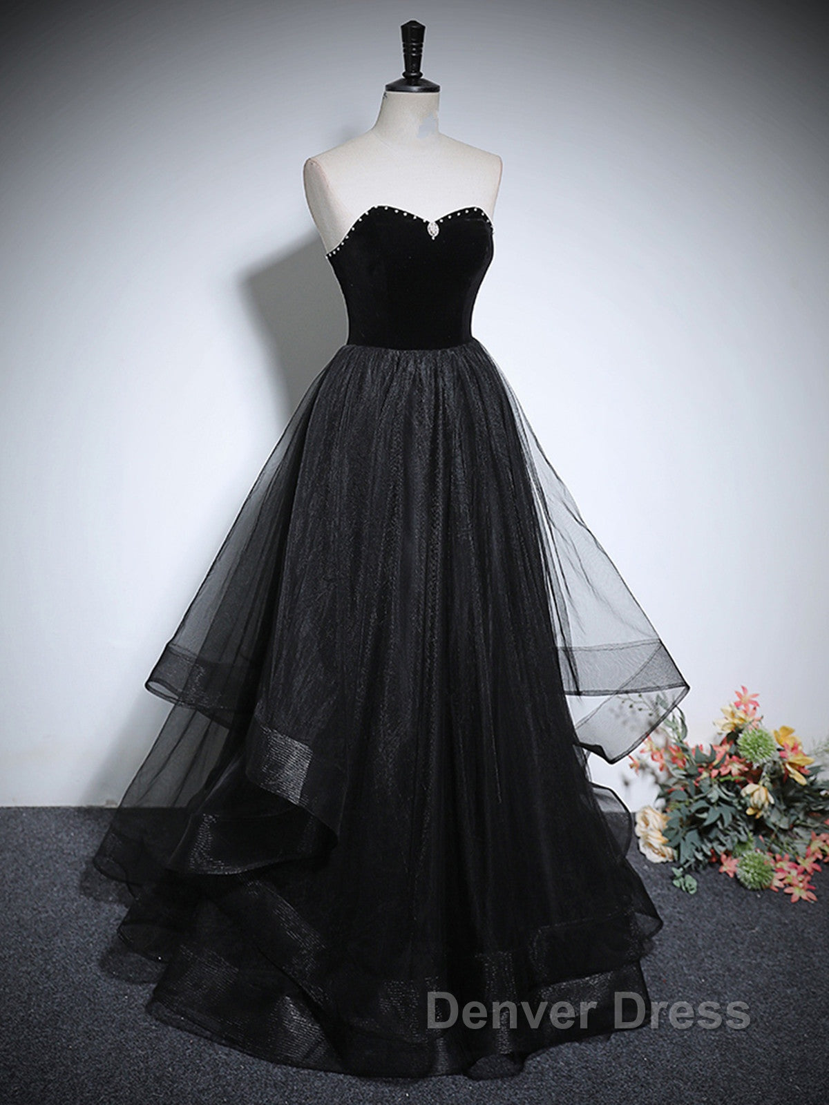 Black Haler Tulle And Velvet Long Prom Dresses, Black A-Line Tulle Evening Dresses