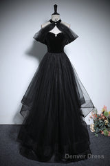 Black Haler Tulle And Velvet Long Prom Dress, Black A-Line Tulle Evening Dress