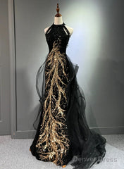 Black Halter A-Line Tulle And Sequins Evening Dress, Black Long Prom Dress Party Dress