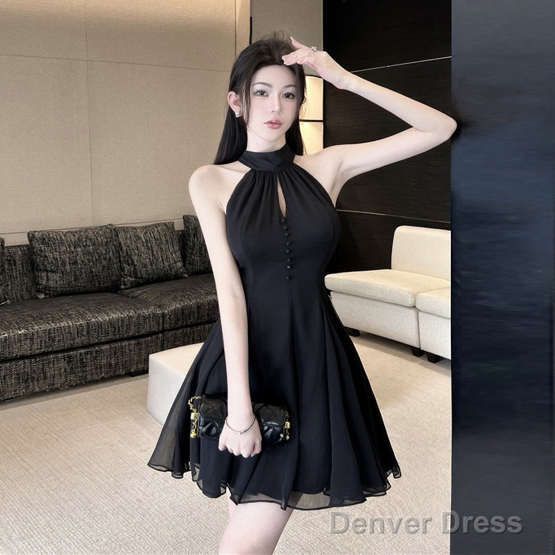 Black Halter Chiffon Short Homecoming Dress, Black Short Prom Dresses Secondary image
