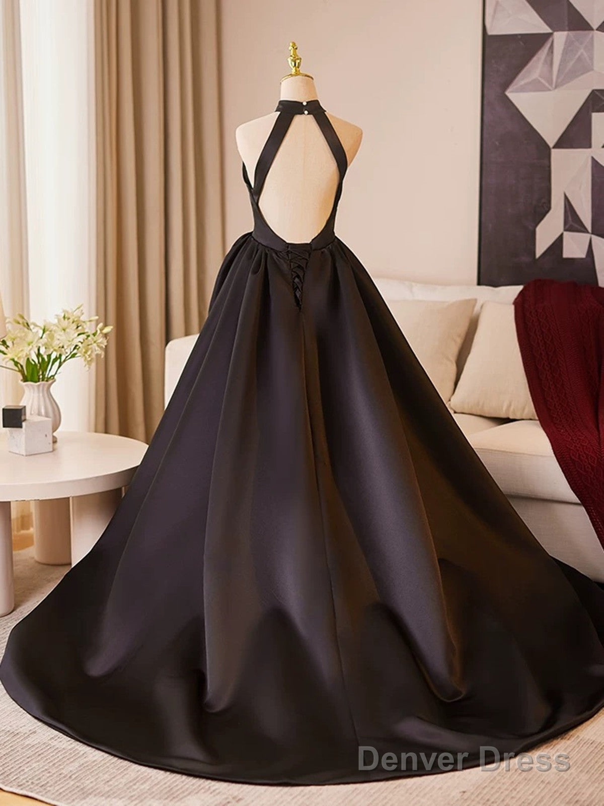 Black Halter Satin A-Line Simple Style Prom Dress, Black Satin Party Dress
