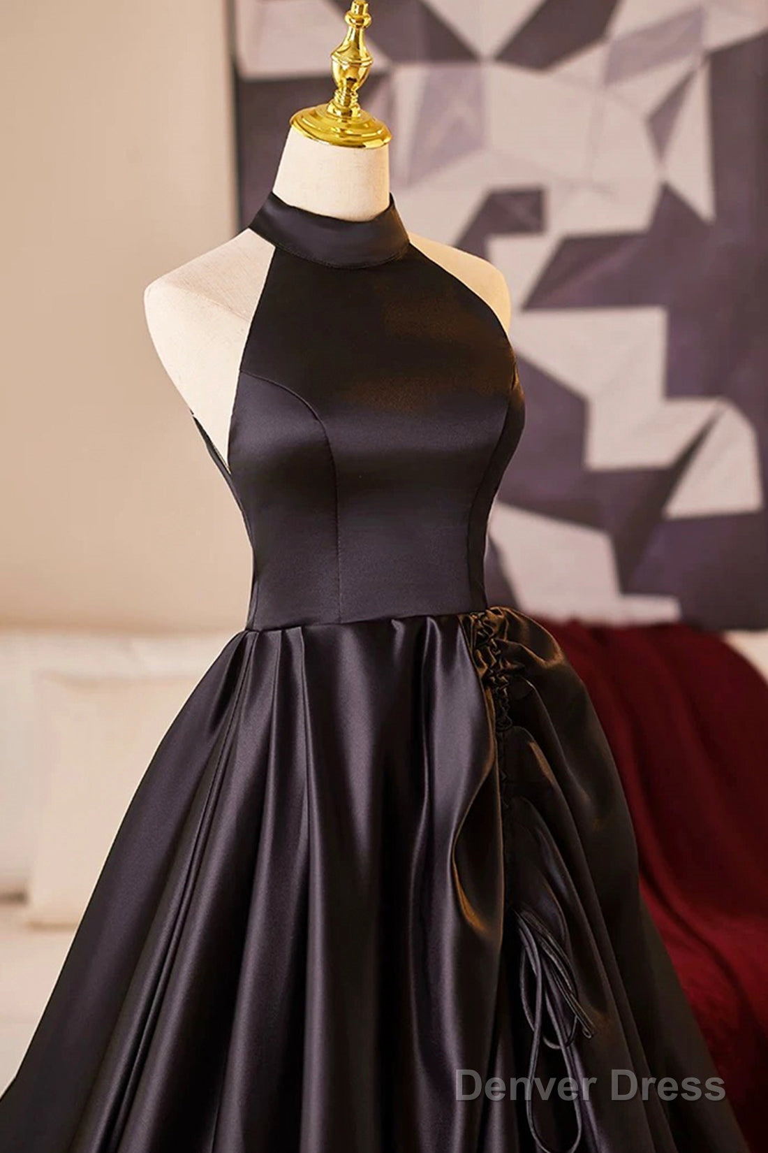 Black Halter Satin Long Prom Dress, Elegant A-Line Backless Party Dress Secondary image