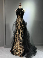 Black Halter Sequins Long Prom Dress With God Lace, Black Long Prom Dresses